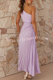 Charming One Shoulder Lace Up Cutout Pleated Maxi Dress