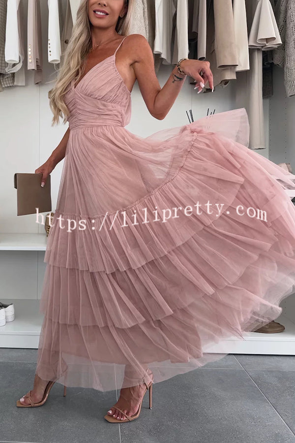 Romantic Movie Tulle Ruched Tiered Hem Slip Maxi Dress