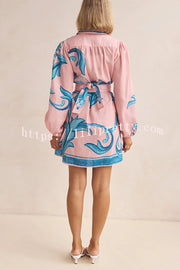 Botanical Print Lapel Puff Sleeve Vintage Belt Loose Mini Dress