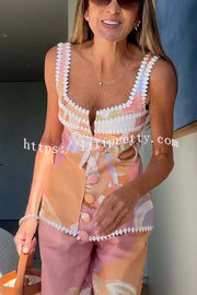 European Summer Linen Blend Ric Rac Trims Unique Print Button Tank