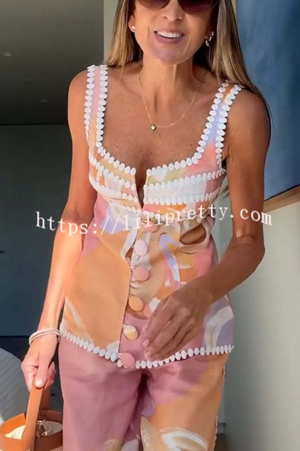 European Summer Linen Blend Ric Rac Trims Unique Print Button Tank