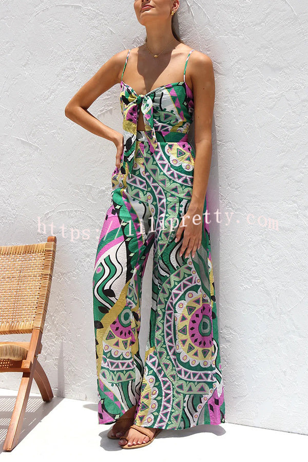 Unique Printed Suspender Back Pleated Pocket Wide-leg Jumpsuit