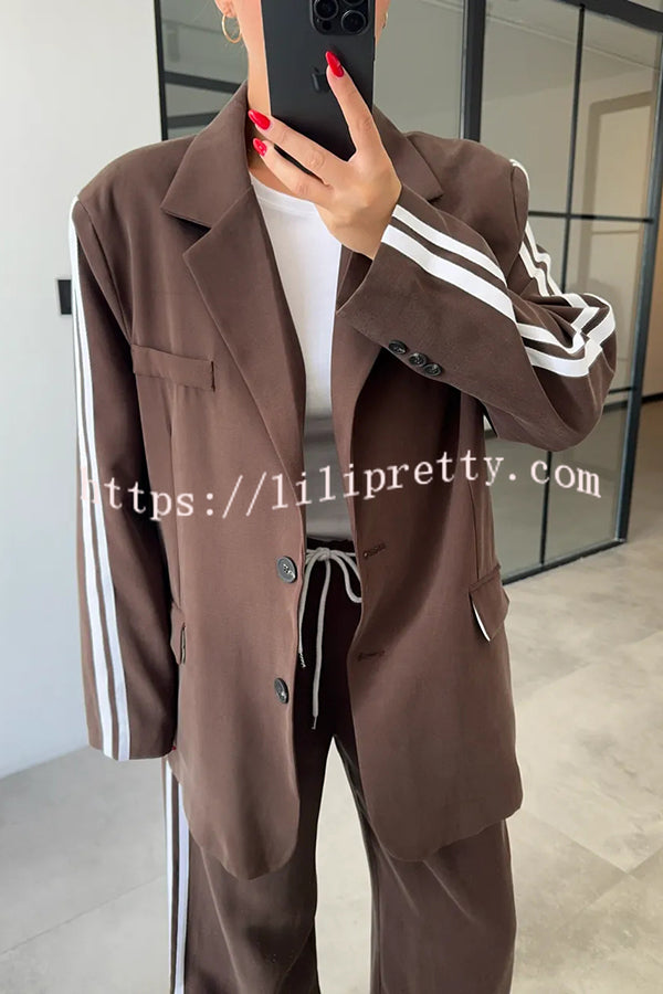 Levvie Striped Trim Long Sleeve Lapel Blazer and Rope Belt Pocketed Wide Leg Pants Set