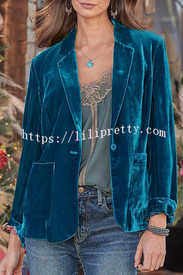 Lilipretty Solid Velvet One Button Long Sleeve Blazer