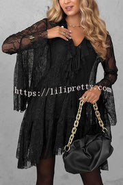 Feeling Lighthearted Lace Ruffle Neck Bell Sleeve Layered Hem A-line Mini Dress