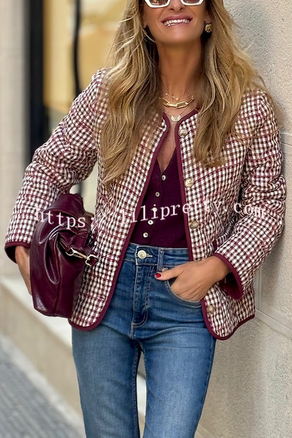 Warm Texture Plaid Button Quilted Pocket Loose Cotton Jacket