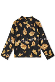 Golden Night Unique Print Color-block Trim Loose Shirt and Elastic Waist Pocketed Pajama Set