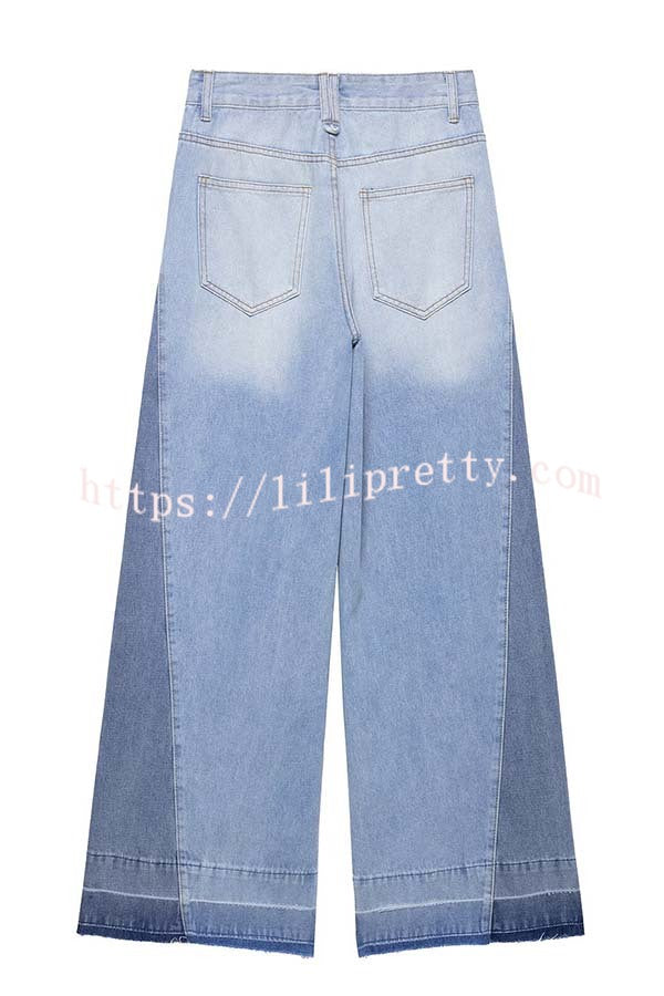 Ellison Denim Side Colorblock High Rise Pocket Wide Leg Jeans