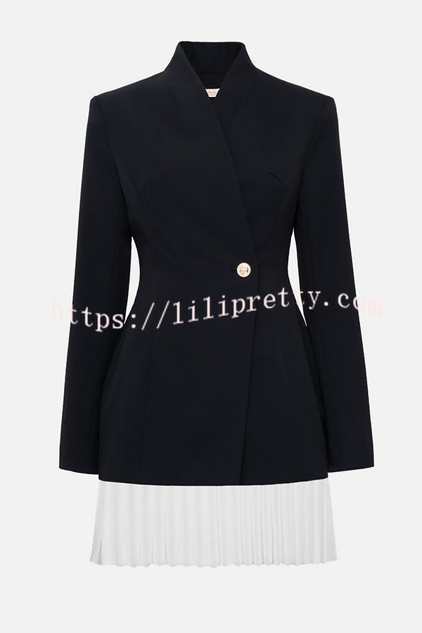 Fashionable Contrast Color Elegant Long Sleeve Pleated Suit Mini Dress