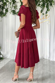 Zayla Solid Color Puff Sleeve V-neck Waist Slim Fit Midi Dress