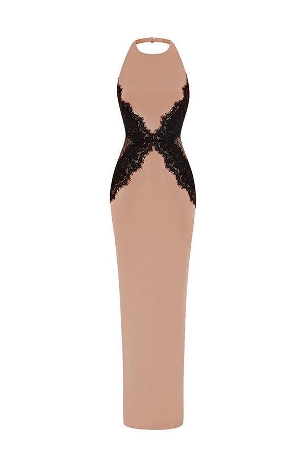 Sexy Halterneck Lace Paneled Backless Slim Maxi Dress