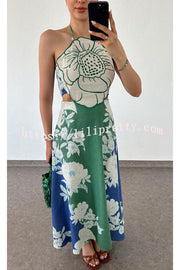 On Tropic Time Linen Blend Flower Detail Back Lace-up Halter Midi Dress