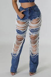 Stylish Multi-layered Pearl Chain Ripped Pocket Straight Jeans