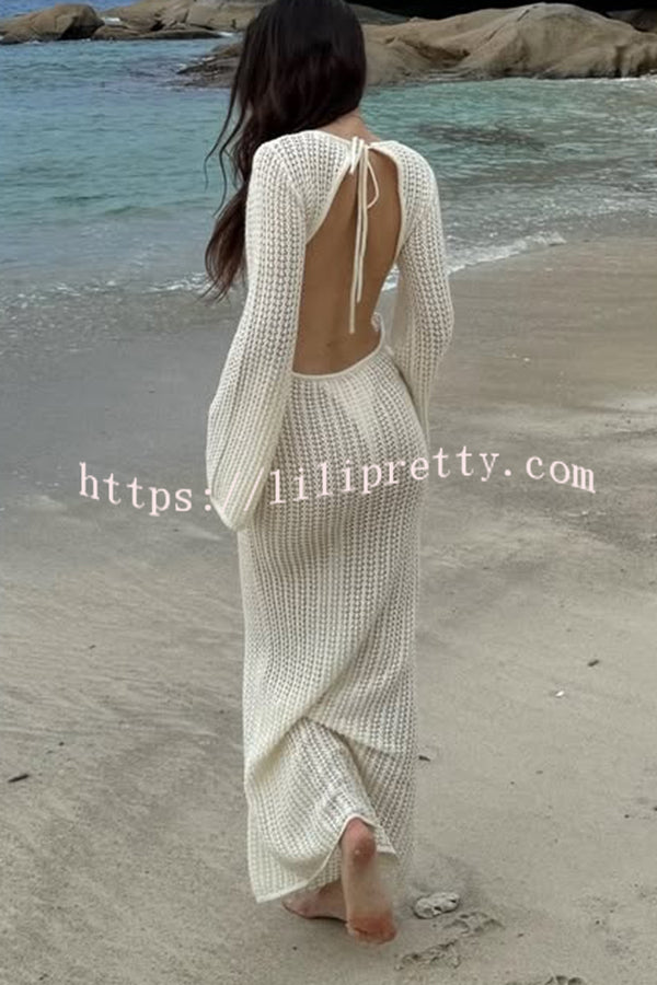 Bahamas Knit Long Bell Sleeve Sexy Backless Holiday Cover-up Maxi Dress