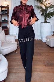 Ariella Metallic Satin Fabric Tie-up Bow Neck Long Sleeve Blouse
