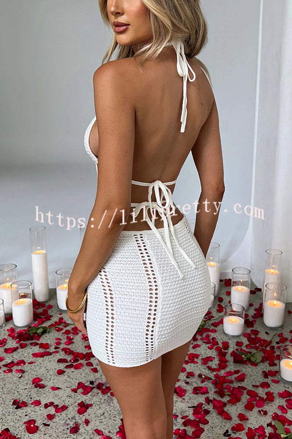 Effortlessly Cool and Sexy Knit Crochet Cutout Halter Tie-up Stretch Mini Dress