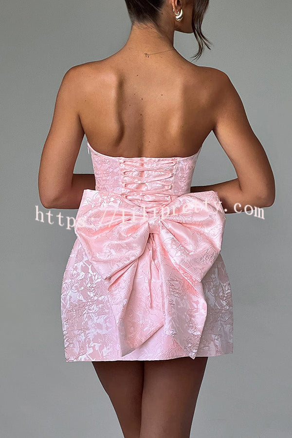 Palace Style Jacquard Fabric Off Shoulder Backless Lace-up Bow Mini Dress