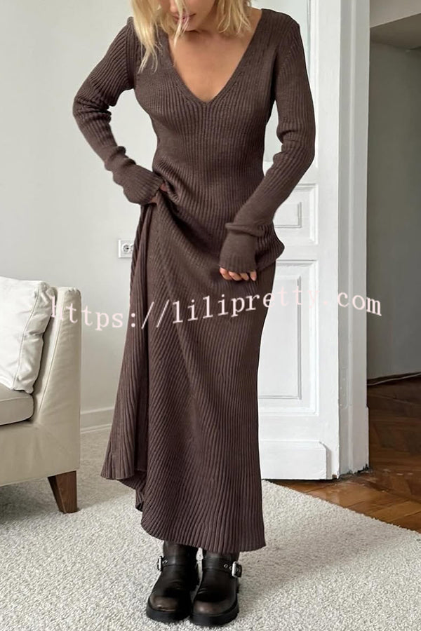 Solid Color V-neck Long-sleeved Slim-fit Elegant Knit Maxi Dress