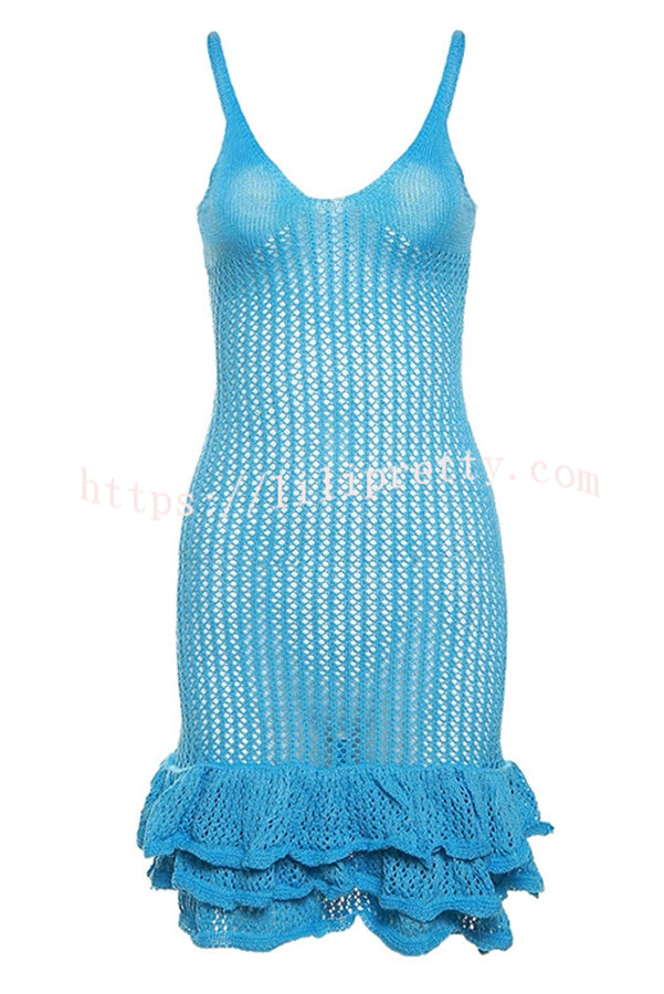 Bali Cutie Knit Layered Ruffle Pleats Hem Tank Stretch Mini Dress