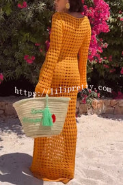 Sunny Beachside Crochet Knit Hollow Out Long Sleeve Cover-up Maxi Dress