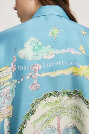 Unique Printed Lapel Short-sleeved Loose Shirt and Elastic Waist Tie Wide-leg Pants Set