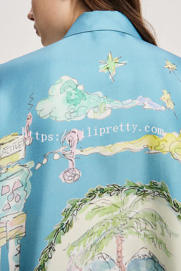 Unique Printed Lapel Short-sleeved Loose Shirt and Elastic Waist Tie Wide-leg Pants Set