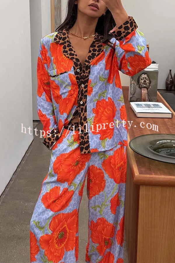 Color-block Poppy Leopard Print Trim Loose Shirt and Elastic Waist Pocketed Pajama Set