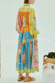 Unique Print Lapel Lantern Sleeve Single Breasted Tie Waist Midi Dress