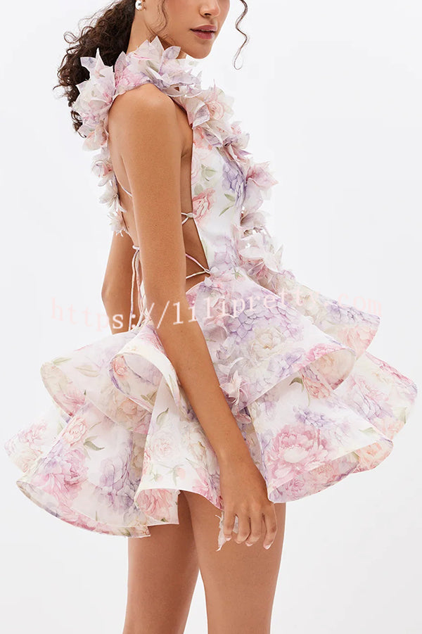 Floral Print V-neck Halter Back Tie Double Layer Mini Dress