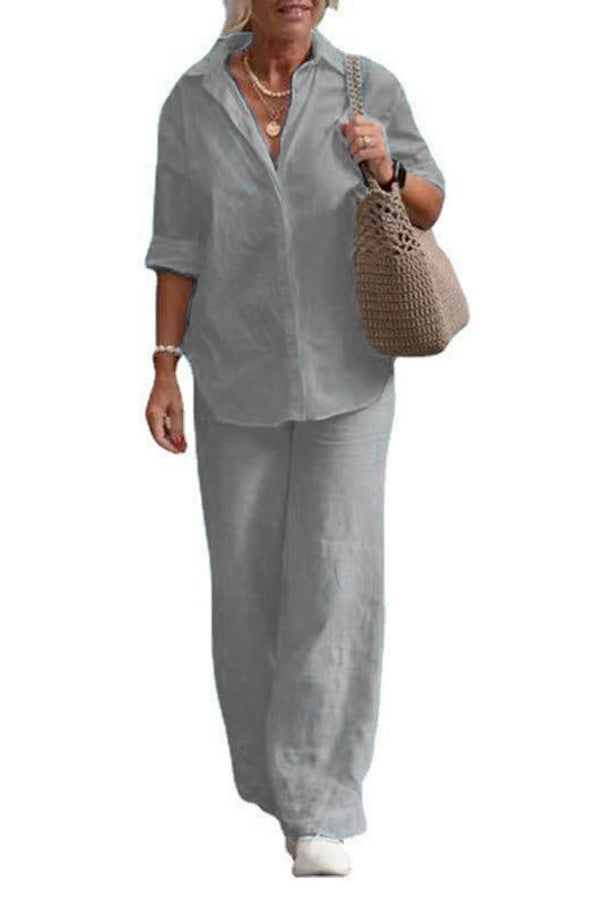 Solid Color Casual Long-sleeved Shirt and Elastic Waisted Loose Wide-leg Pants Set