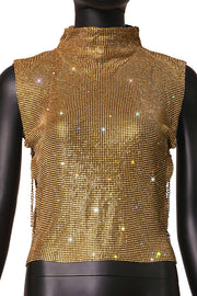 Sexy High-neck Rhinestone Metallic Top