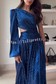 Dazzling Night Metallic Pleated One Shoulder Cutout Balloon Sleeve Gown Maxi Dress