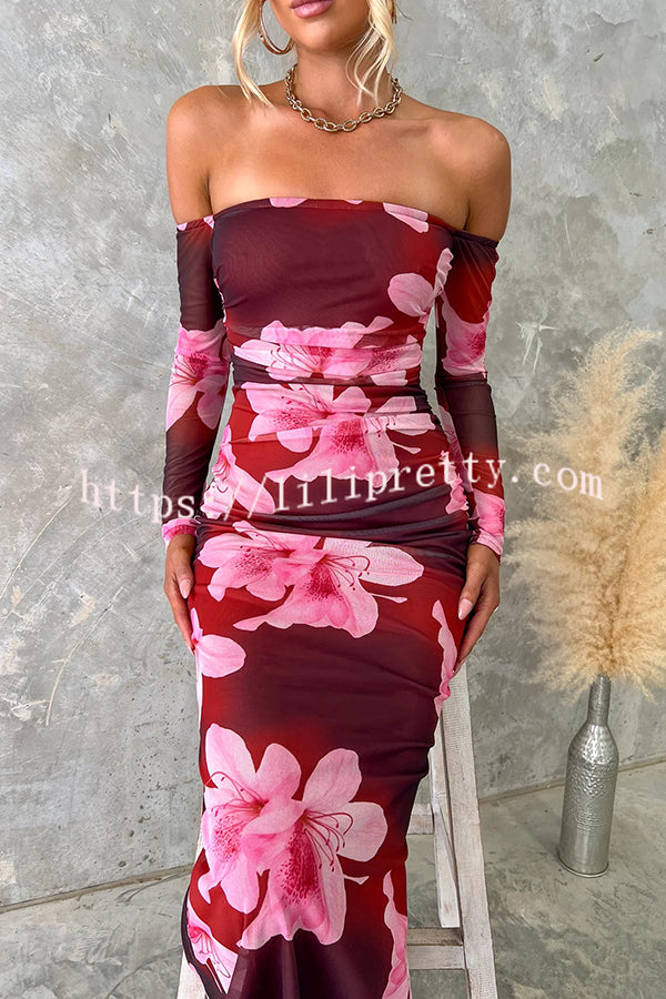 Floral Fantasy Mesh Off Shoulder Long Sleeve Stretch Maxi Dress