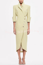 Elegant Look Linen Blend Stand Lapel Neck Half Sleeve Side Button Midi Dress