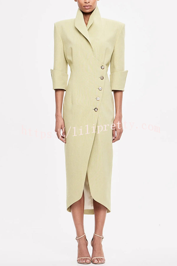 Elegant Look Linen Blend Stand Lapel Neck Half Sleeve Side Button Midi Dress