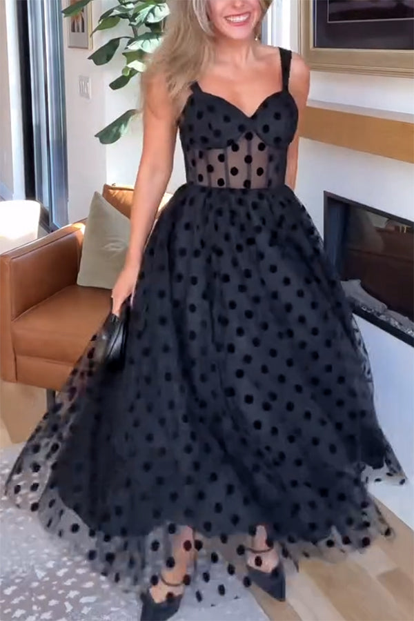 Perfect Guest Tulle Polka Dot Sweetheart Bustier A-Line Midi Dress lilipretty Perfect Guest Tulle Polka Dot Sweetheart Bustier A-Line Midi Dress lilipretty