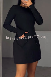 Anna Sparkling Gemstone Trim Heart Pocket Long Sleeve Mini Dress