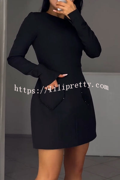 Anna Sparkling Gemstone Trim Heart Pocket Long Sleeve Mini Dress