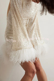 Stylish Sequined Feather Long-sleeved Sexy Backless Mini Dress