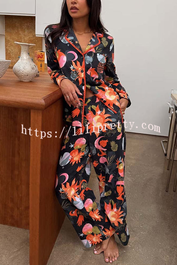 Evening Routine Unique Print Color-block Trim Loose Shirt and Elastic Waist Pocketed Pajama Set