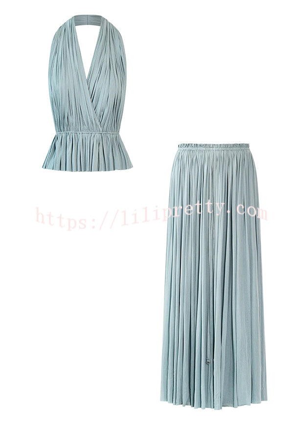 Pure Lightness Chiffon Pleated Halter Backless Top and Elastic Waist A-line Maxi Skirt Set