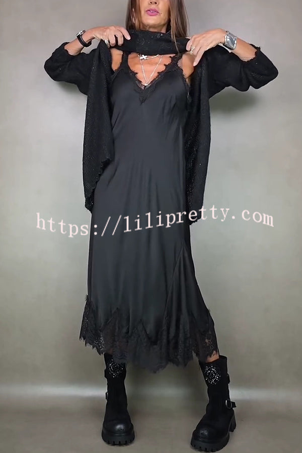 Fashionable V-neck Suspender Lace Splicing Casual Midi Dress