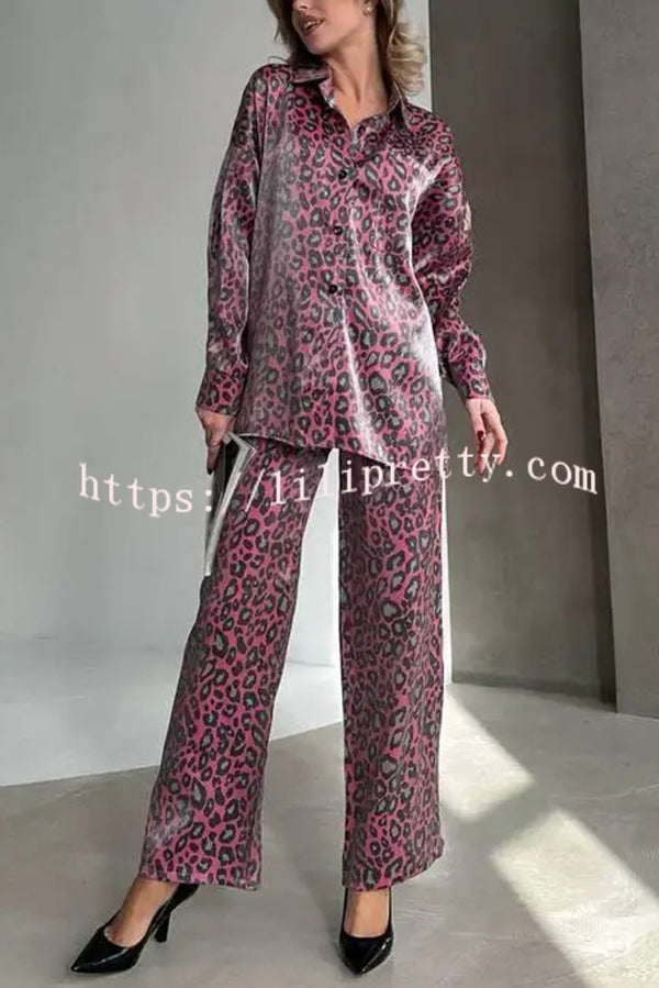 Leopard Print Long-sleeved Casual Top and Loose Elastic Waist Tie Pants Set