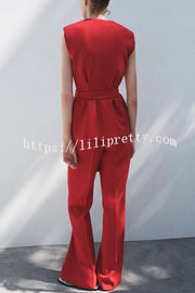 Keep It Classic V-neck Belted Vest and Mid Rise Pocket Wide Leg Pants Set