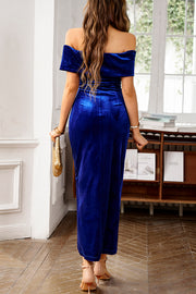 Solid Color Velvet Off-shoulder Slim-fit Elegant Slit Midi Dress