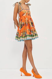 Linen Blend Unique Print Suspender Tie Casual Mini Dress