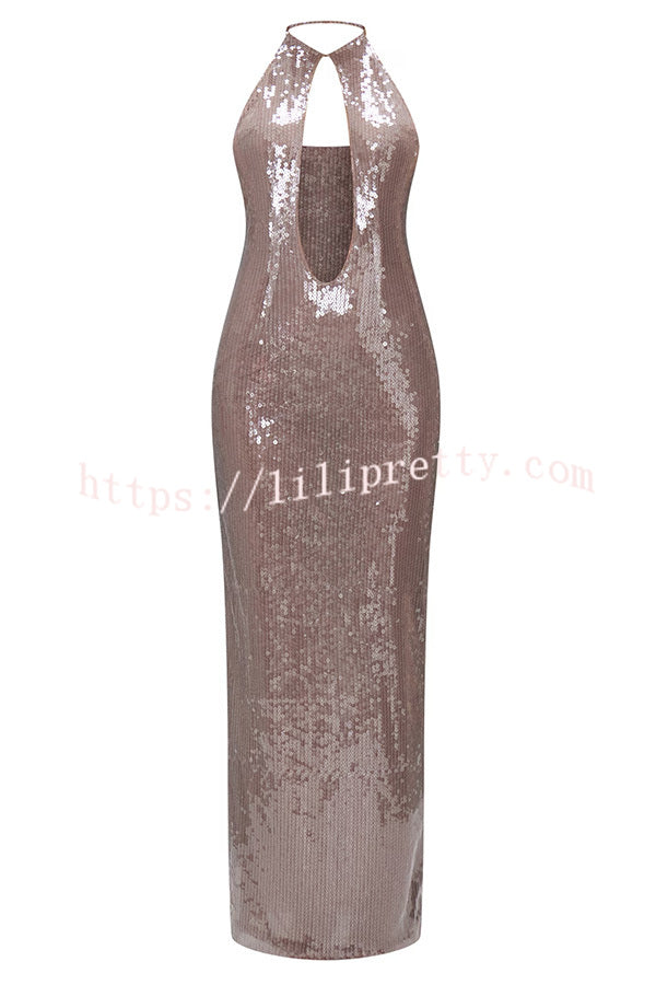 Light Up The City Sequin Cutout U-neck Back Lace-up Maxi Dress