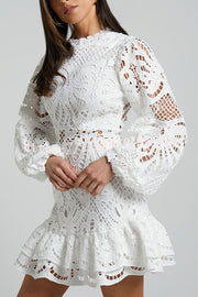 Solid Color Hollow Long-sleeved Waisted Lace Mini Dress