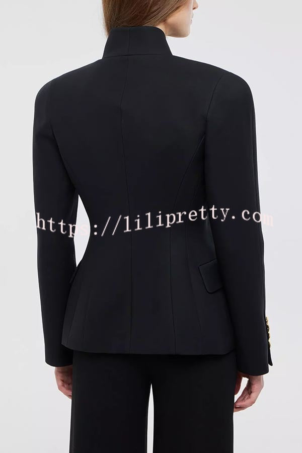 Classic Luxury Unique Metal Button Stand Collar Long Sleeve Blazer