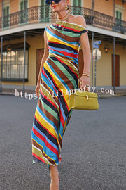 Sunkissed Satin Colourful Stripe Print One Shoulder Midi Dress